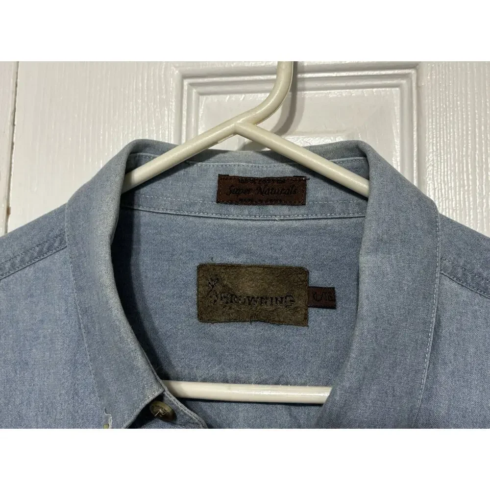 Vintage Browning Denim Button Up Shirt Mens XL Duck Logo Light Blue Hunting - Picture 5 of 7